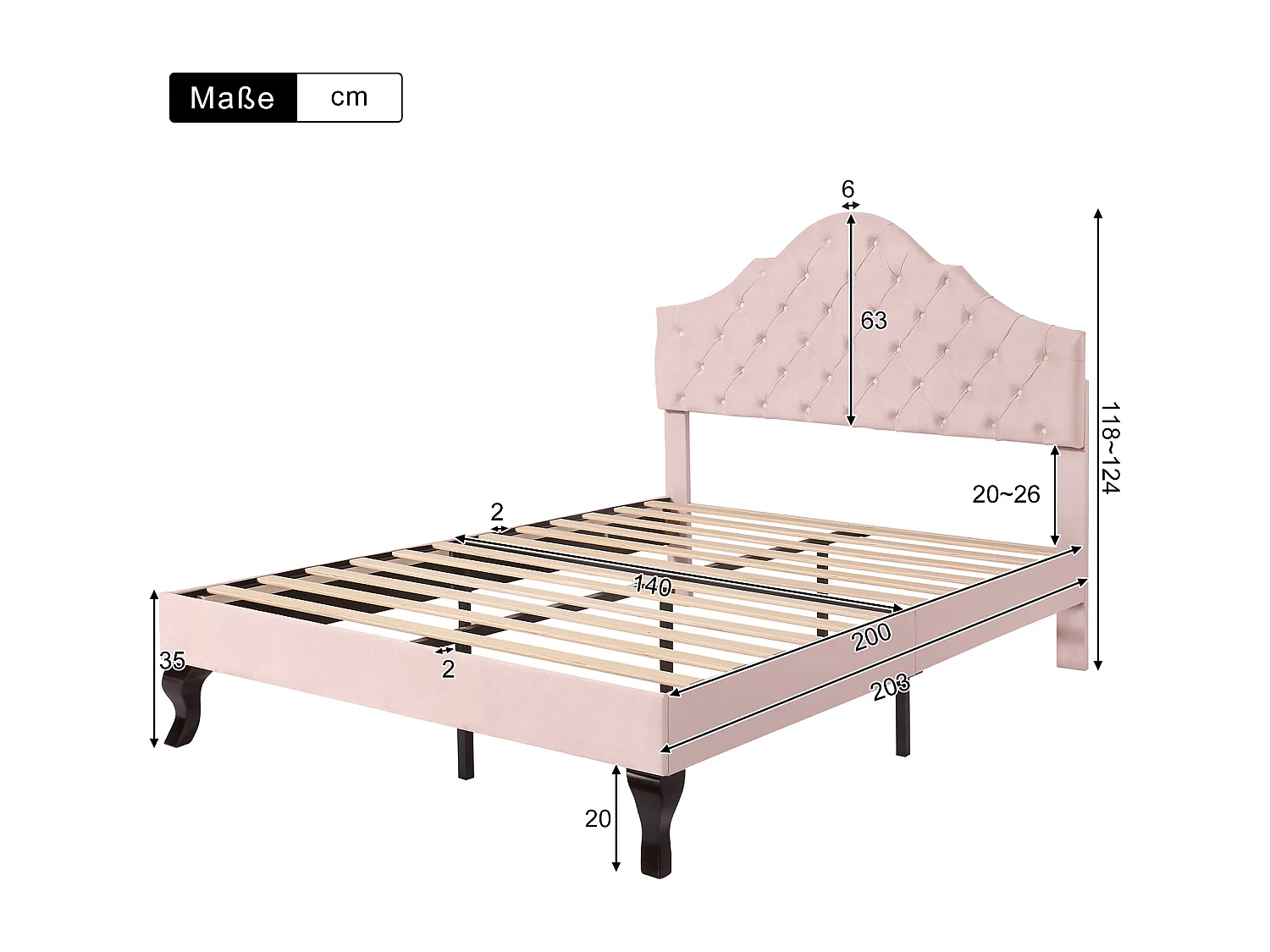 Lit adulte 140x200 avec sommier - tête de lit réglable en hauteur - cadre de lit en bois - velours rose (sans matelas)