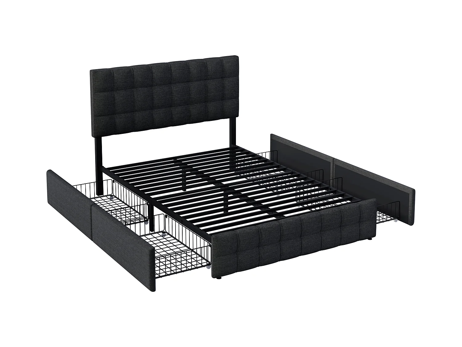 Lit double 140x200 cm avec sommier - tête de lit réglable en hauteur et 4 tiroirs - cadre métallique - lin noir (sans matelas)