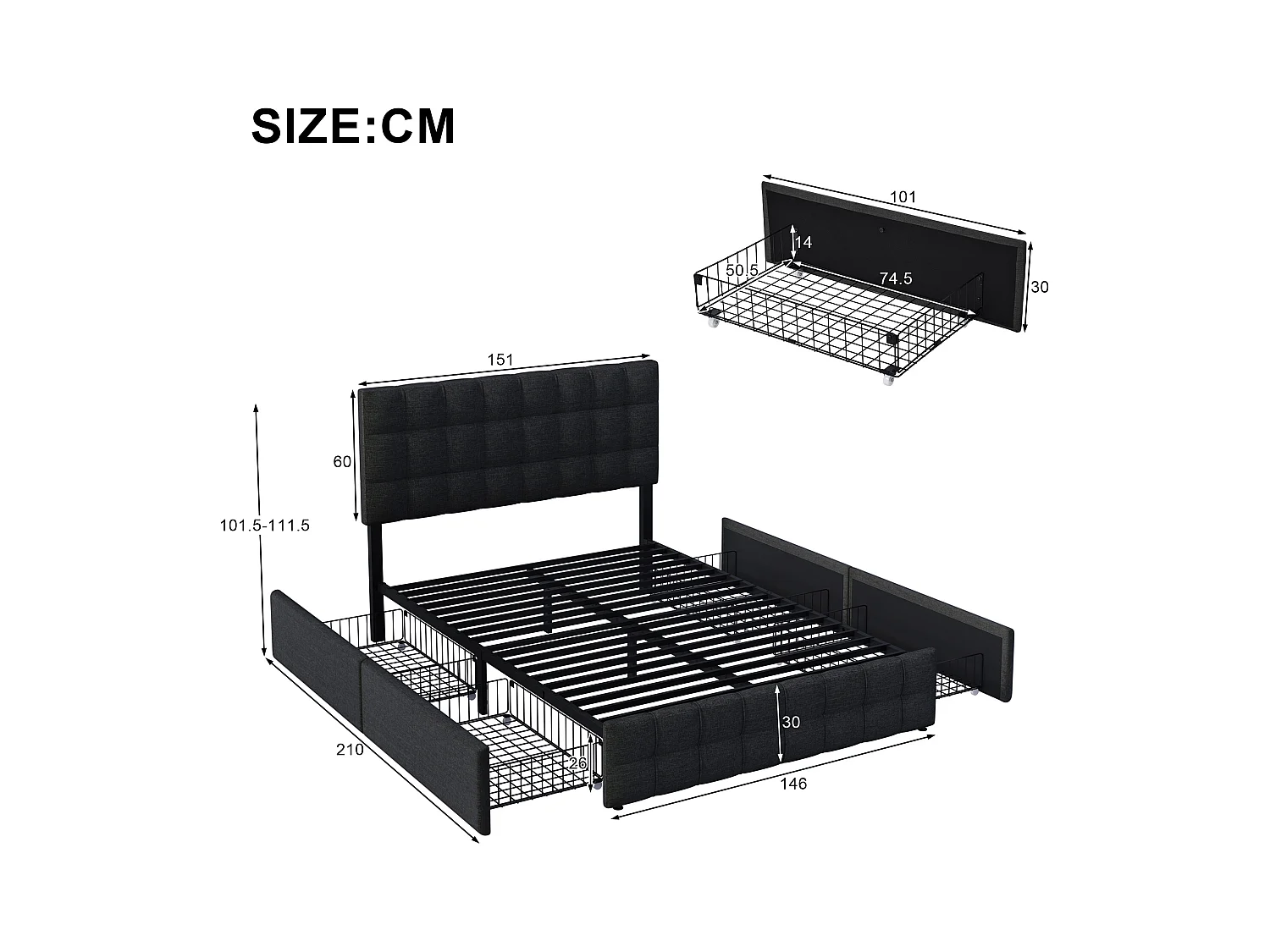 Lit double 140x200 cm avec sommier - tête de lit réglable en hauteur et 4 tiroirs - cadre métallique - lin noir (sans matelas)