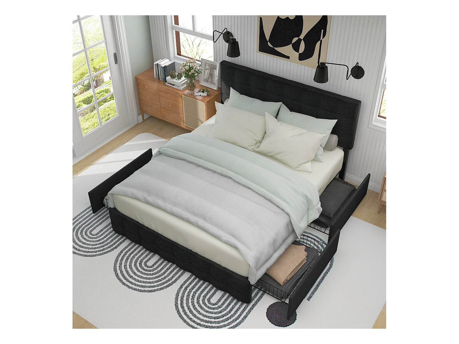 Lit double adulte 140x200 cm avec sommier - tête de lit réglable en hauteur et 4 tiroirs - cadre métallique - lin noir (sans matelas)