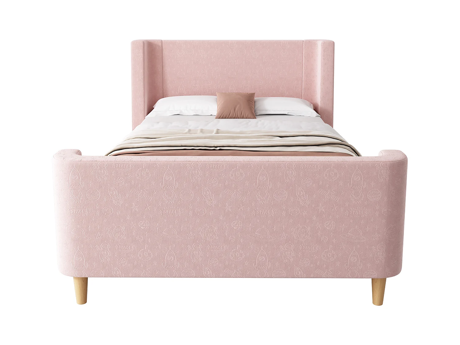 Lit enfant 90x200 cm avec sommier à Lattes- cadre de lit en bois - velours - rose (sans matelas)