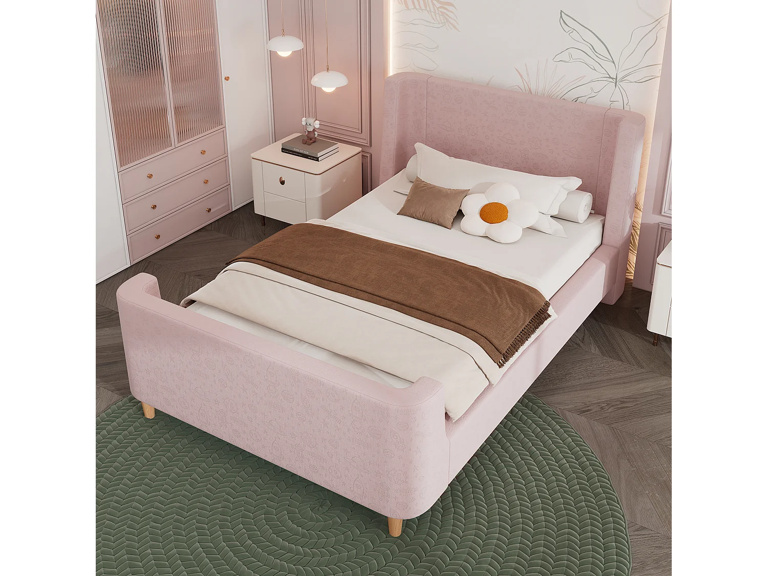 Lit enfant 90x200 cm avec sommier à Lattes- cadre de lit en bois - velours - rose (sans matelas)