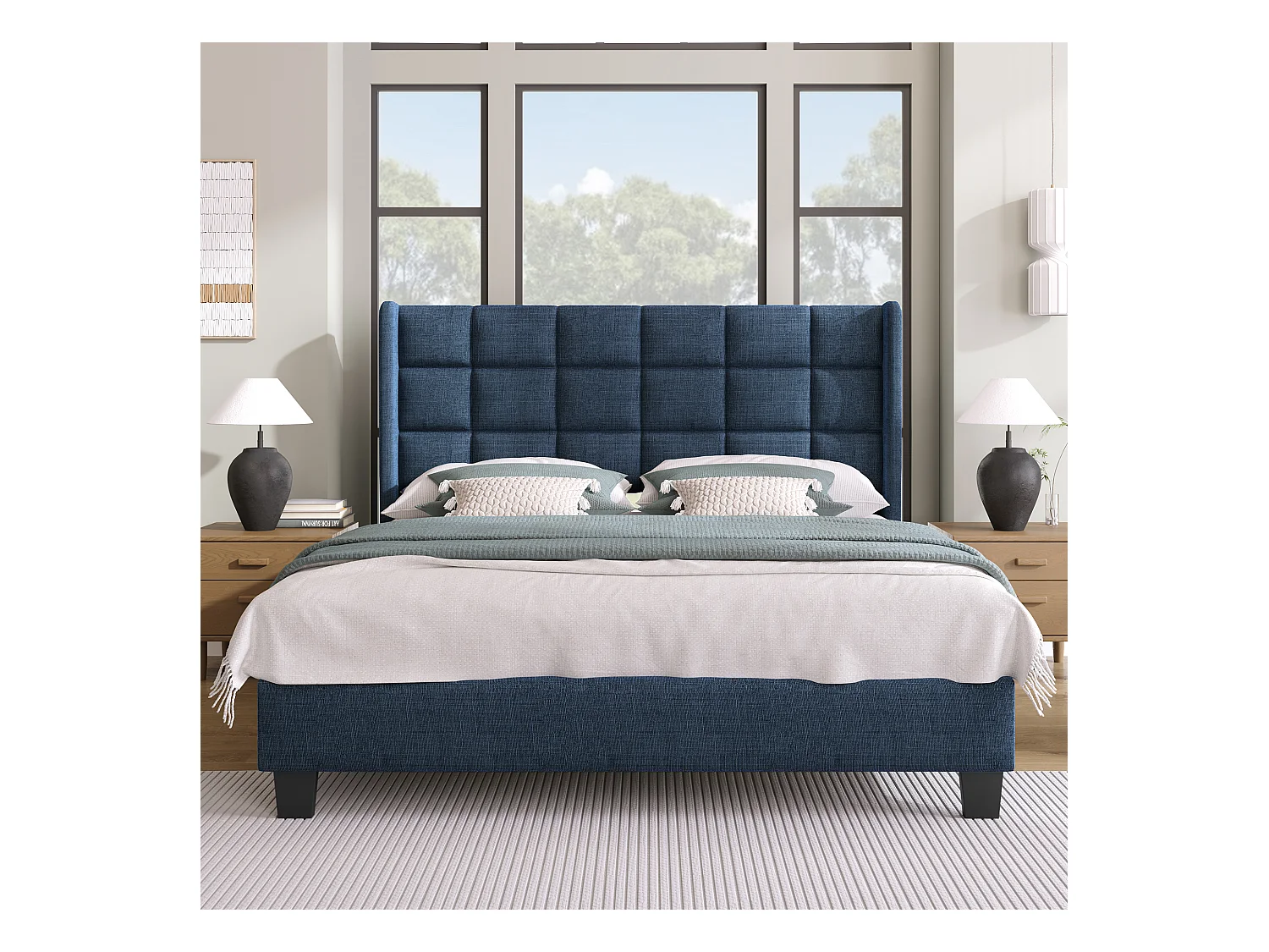 Volwassen tweepersoonsbed 140x200cm met boxspring - gestoffeerd hoofdbord - houten bedframe - blauw linnen (zonder matras)