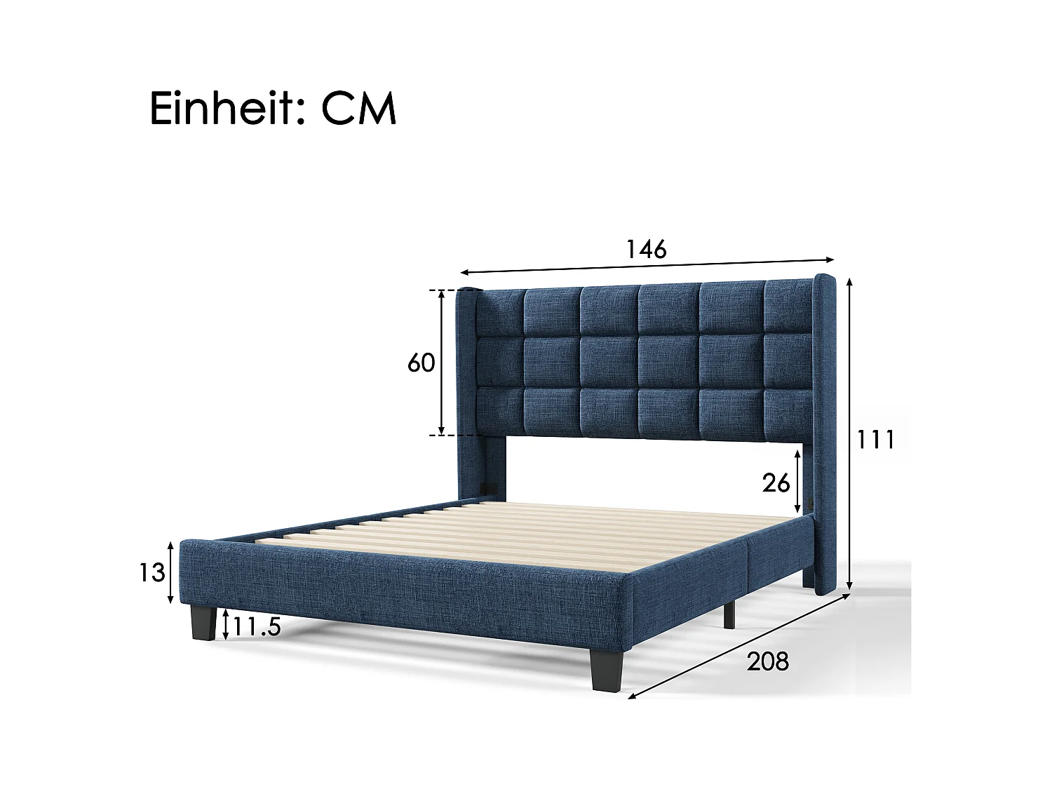 Volwassen tweepersoonsbed 140x200cm met boxspring - gestoffeerd hoofdbord - houten bedframe - blauw linnen (zonder matras)