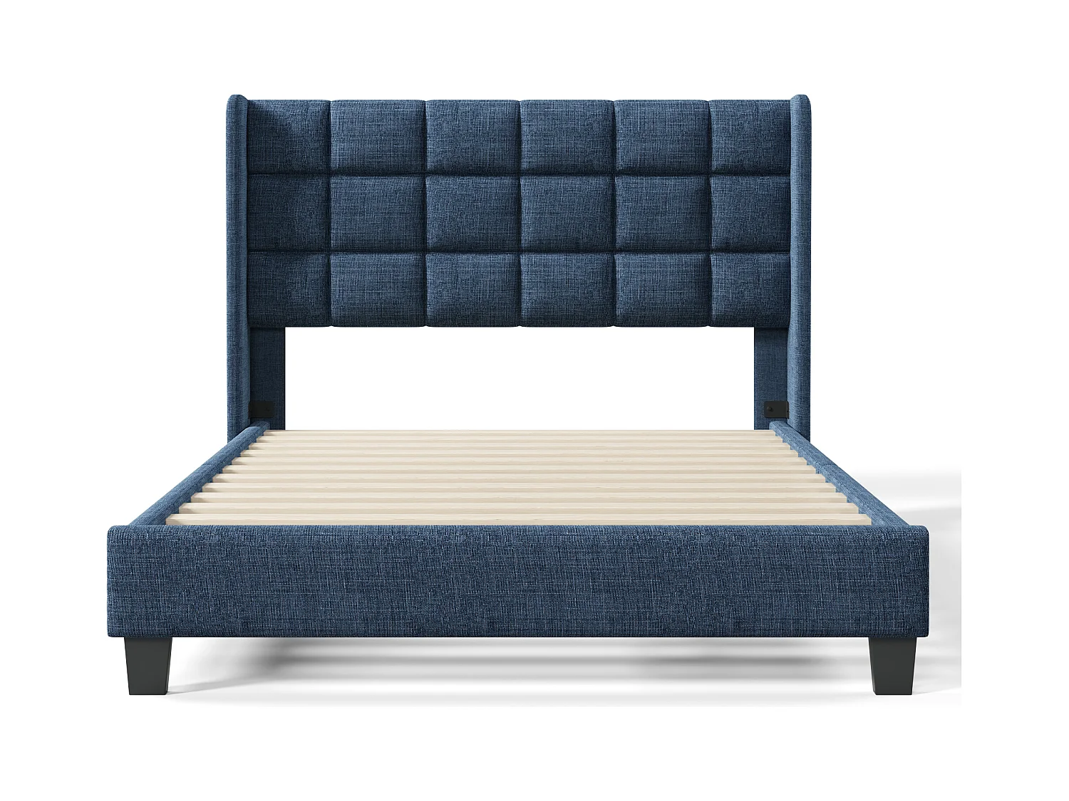 Volwassen tweepersoonsbed 140x200cm met boxspring - gestoffeerd hoofdbord - houten bedframe - blauw linnen (zonder matras)