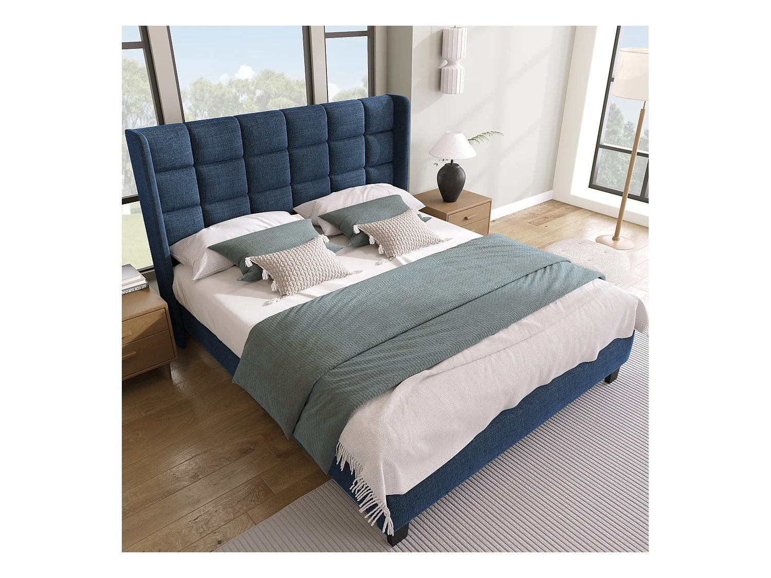 Lit double adulte 140x200cm avec sommier - tête de lit capitonnée - cadre de lit en bois - lin bleu (sans matelas)