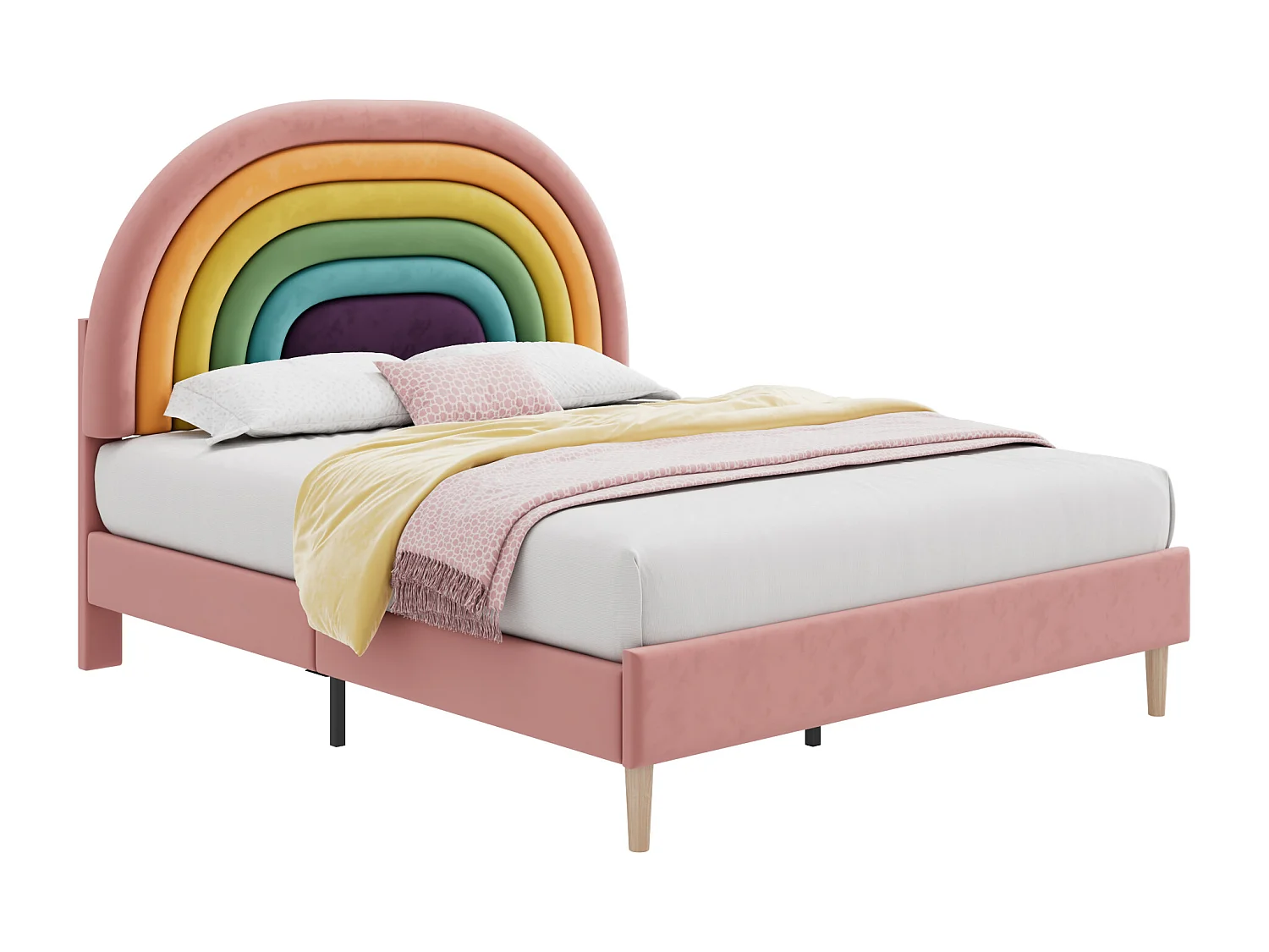 Lit double 140x200 cm, avec sommier à lattes tête de lit réglable, en velours, rose (Sans matelas)