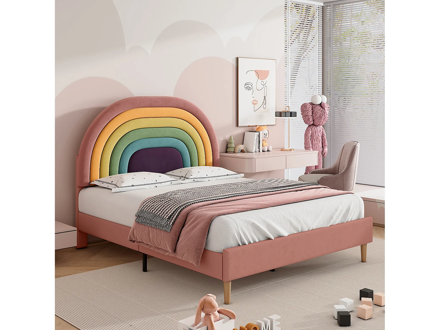 Lit double 140x200 cm, avec sommier à lattes tête de lit réglable, en velours, rose (Sans matelas)