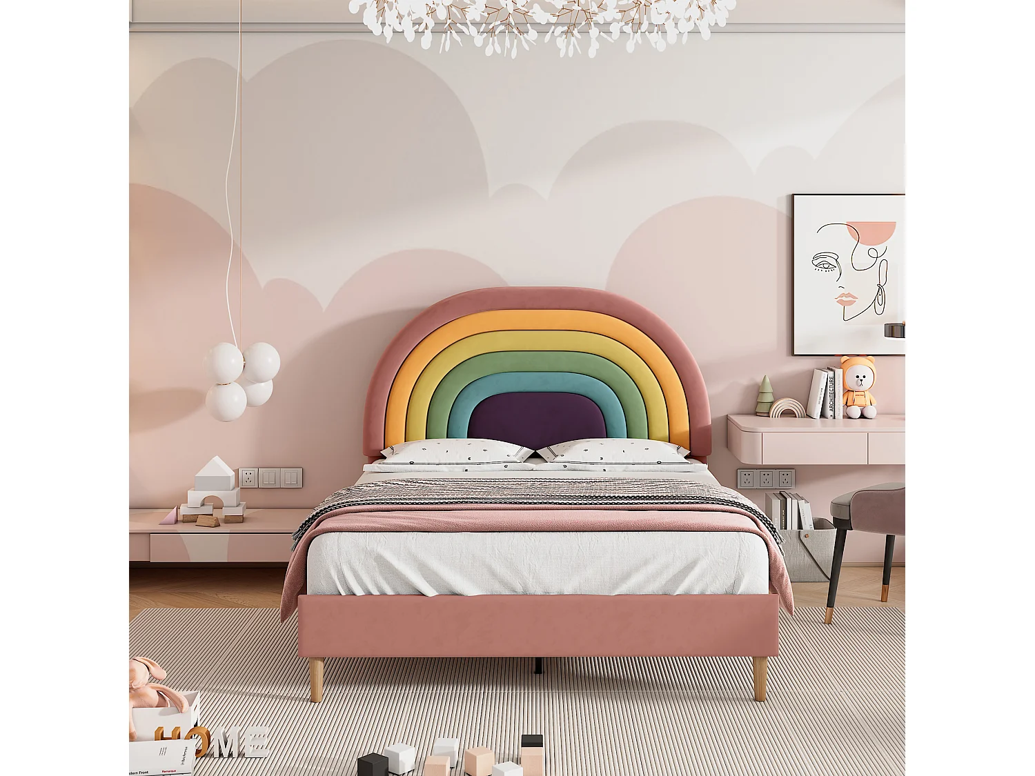 Lit double 140x200 cm, avec sommier à lattes tête de lit réglable, en velours, rose (Sans matelas)