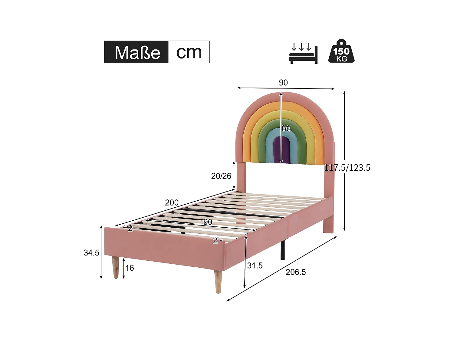 Lit enfant 90x200 cm avec sommier - tête de lit réglable en hauteur - bois - velours rose (sans matelas)