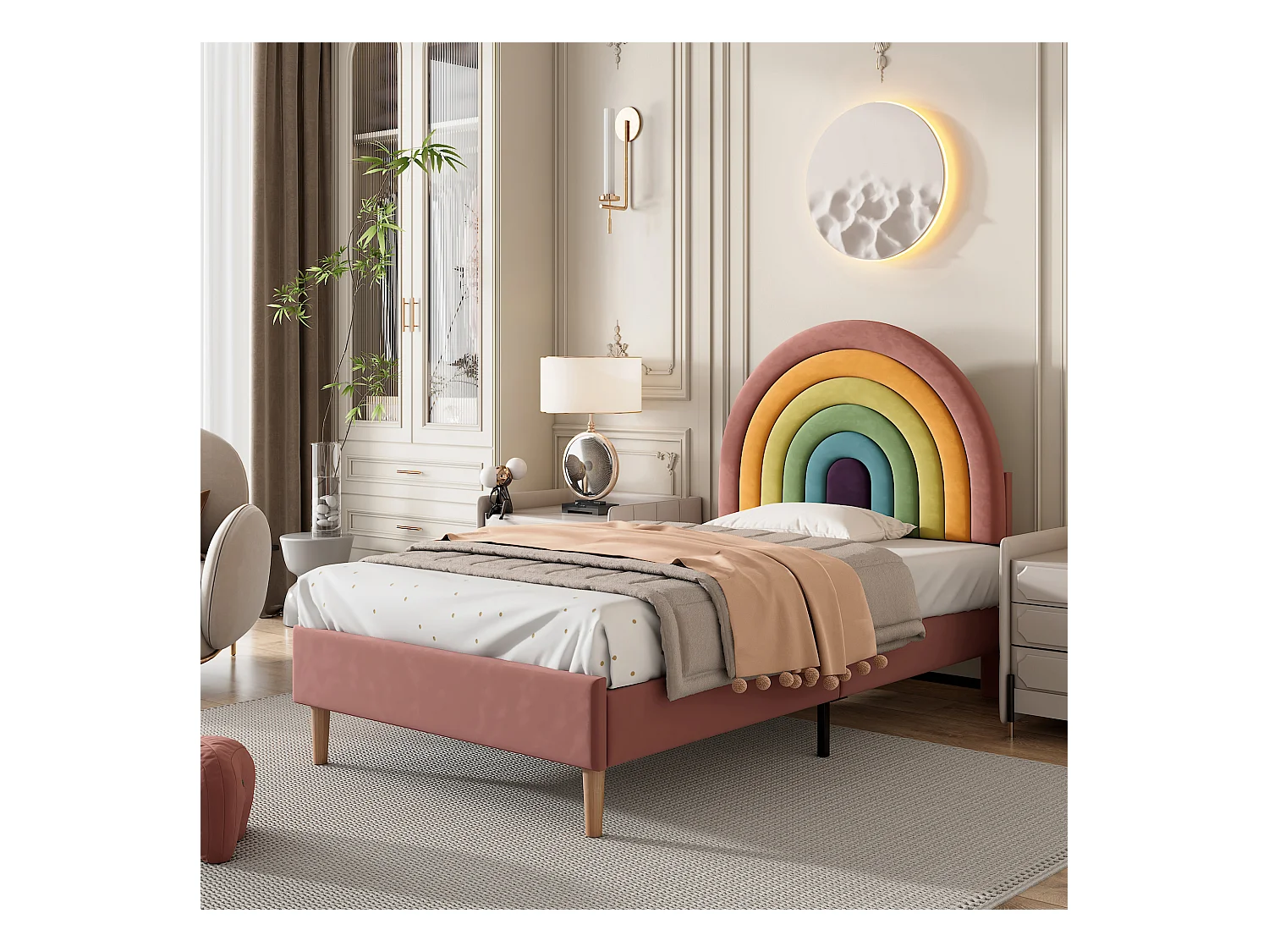 Lit enfant simple 90x200 cm avec sommier - tête de lit réglable en hauteur - bois - velours rose (sans matelas)