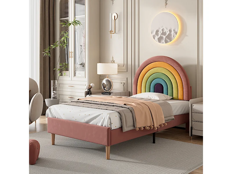 Eenpersoonsbed kinderbed 90x200 cm met lattenbodem - in hoogte verstelbaar hoofdeinde - hout - roze fluweel (zonder matras)