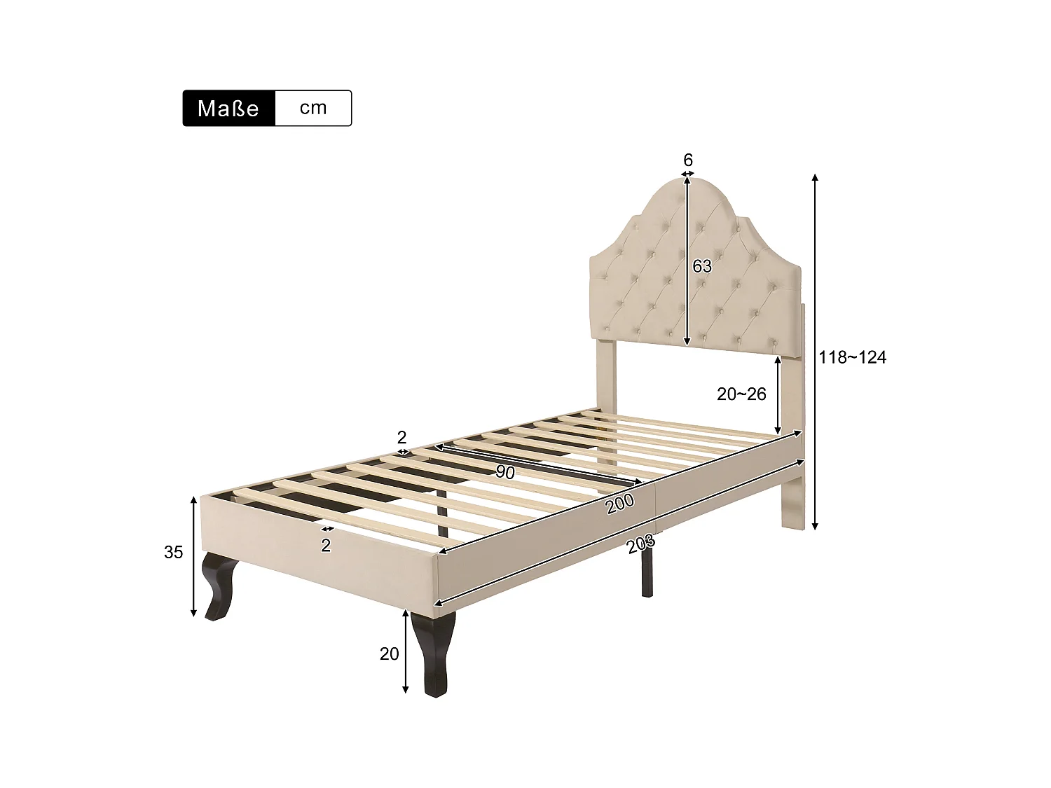 Lit enfant 90x200 avec sommier - tête de lit réglable en hauteur - cadre de lit en bois - velours beige (sans matelas)
