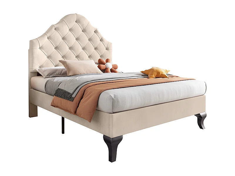 Lit 90x200 avec tête de lit réglable, avec sommier à lattes, structure stable, en velours, beige (Sans matelas)