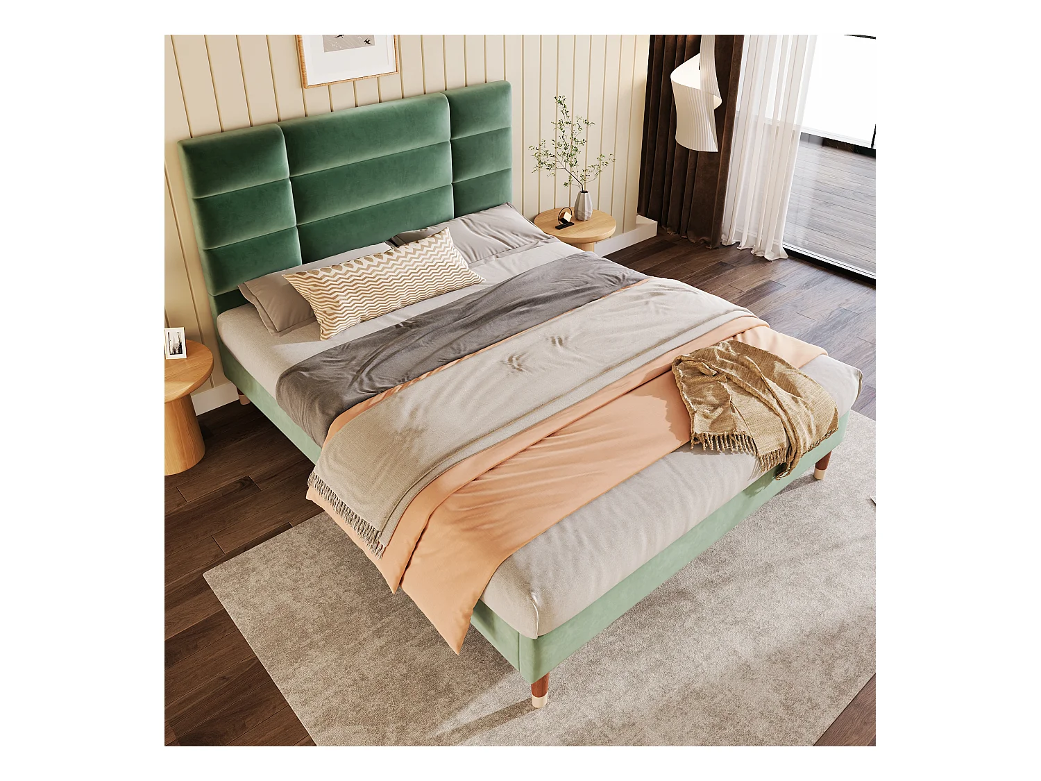 Lit double adulte 140x200cm avec sommier - tête de lit capitonnée - cadre de lit en bois - velours vert (sans matelas)
