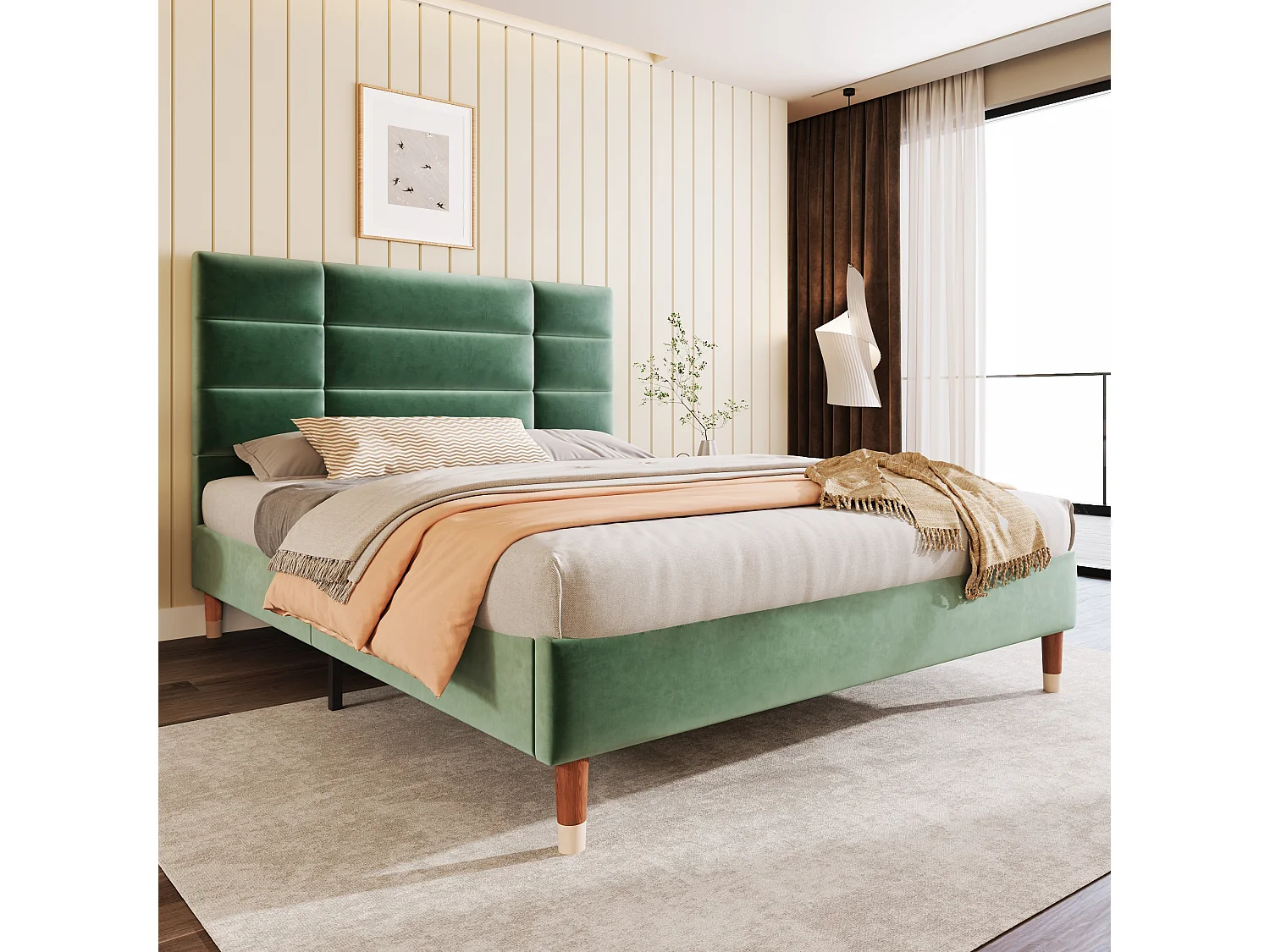 Lit double 140x200cm avec sommier - tête de lit capitonnée - cadre de lit en bois - velours vert (sans matelas)