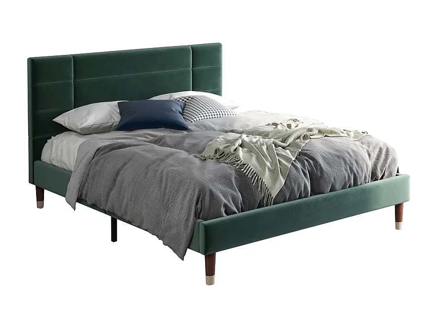 Volwassen tweepersoonsbed 140x200cm met lattenbodem - gestoffeerd hoofdeinde - houten bedframe - groen fluweel (zonder matras)