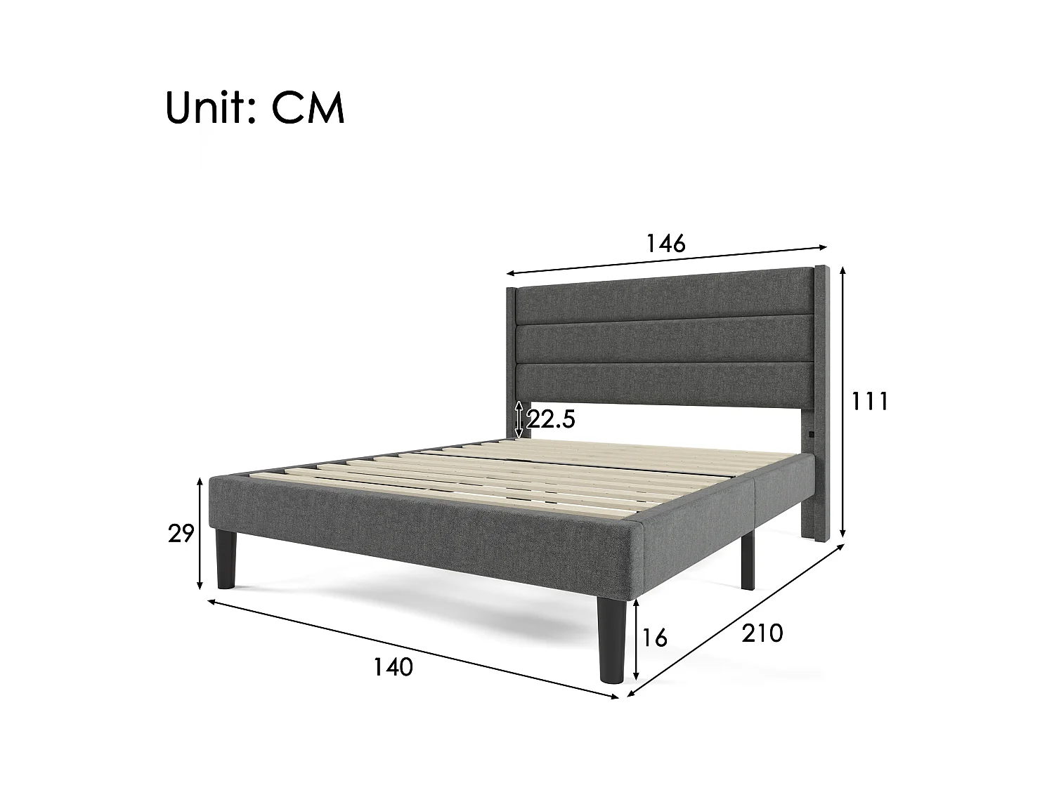 Lit double 140x200cm avec sommier - tête de lit capitonnée - cadre de lit en bois - lin gris (sans matelas)