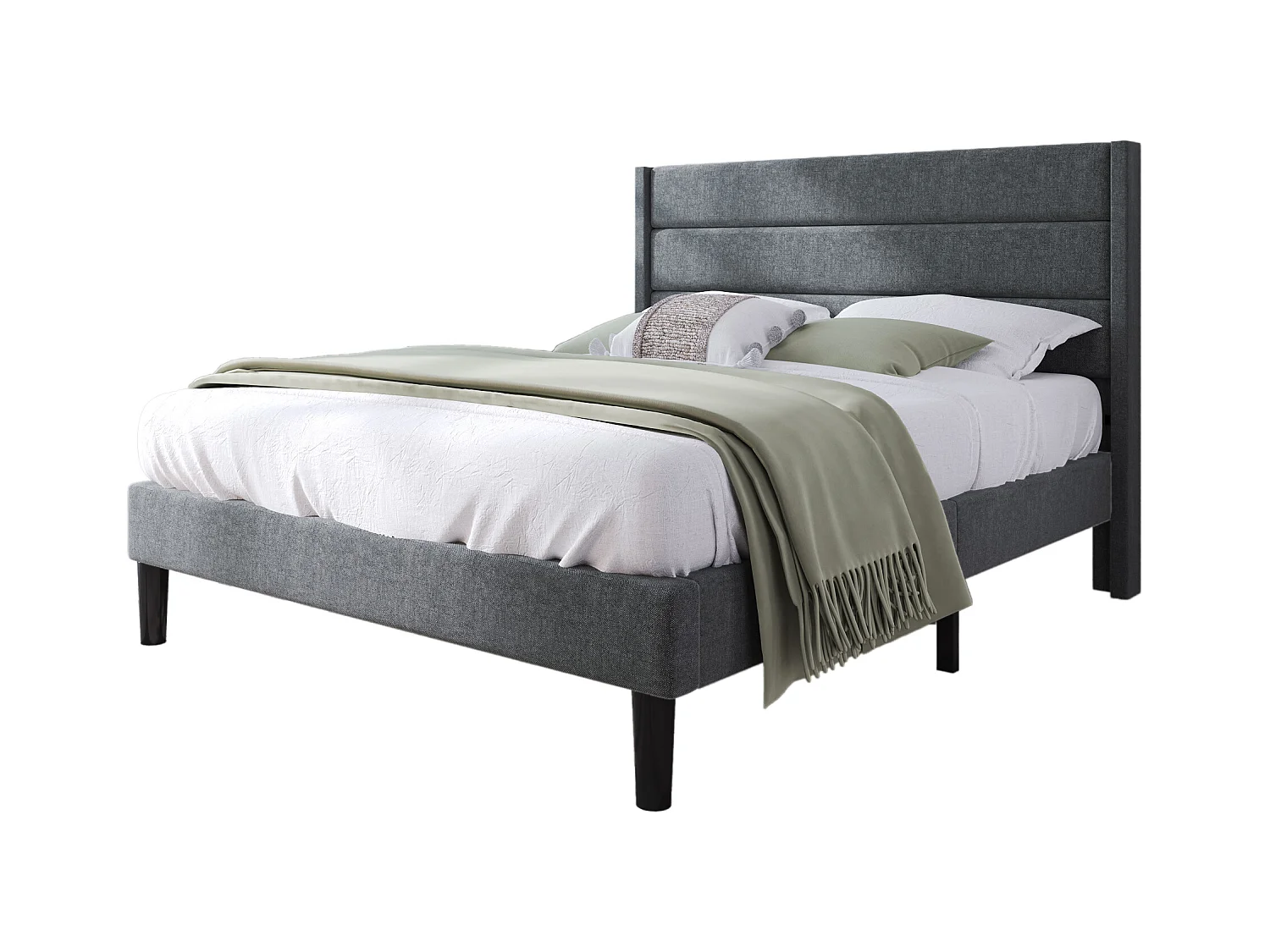 Lit double 140x200cm avec sommier - tête de lit capitonnée - cadre de lit en bois - lin gris (sans matelas)