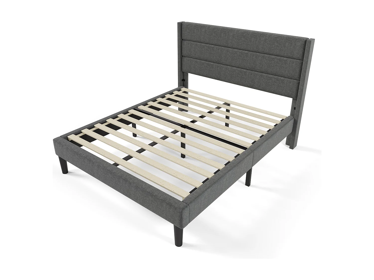 Lit double 140x200 cm avec sommier à lattes et tête de lit patins antidérapants, en lin, gris foncé (Sans matelas)