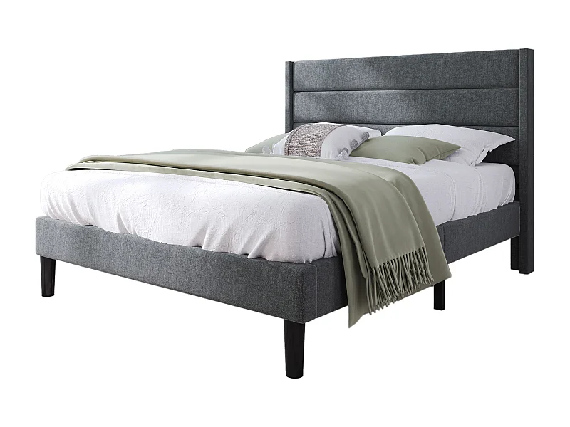 Volwassen tweepersoonsbed 140x200cm met lattenbodem - gestoffeerd hoofdeinde - houten bedframe - grijs linnen (zonder matras)