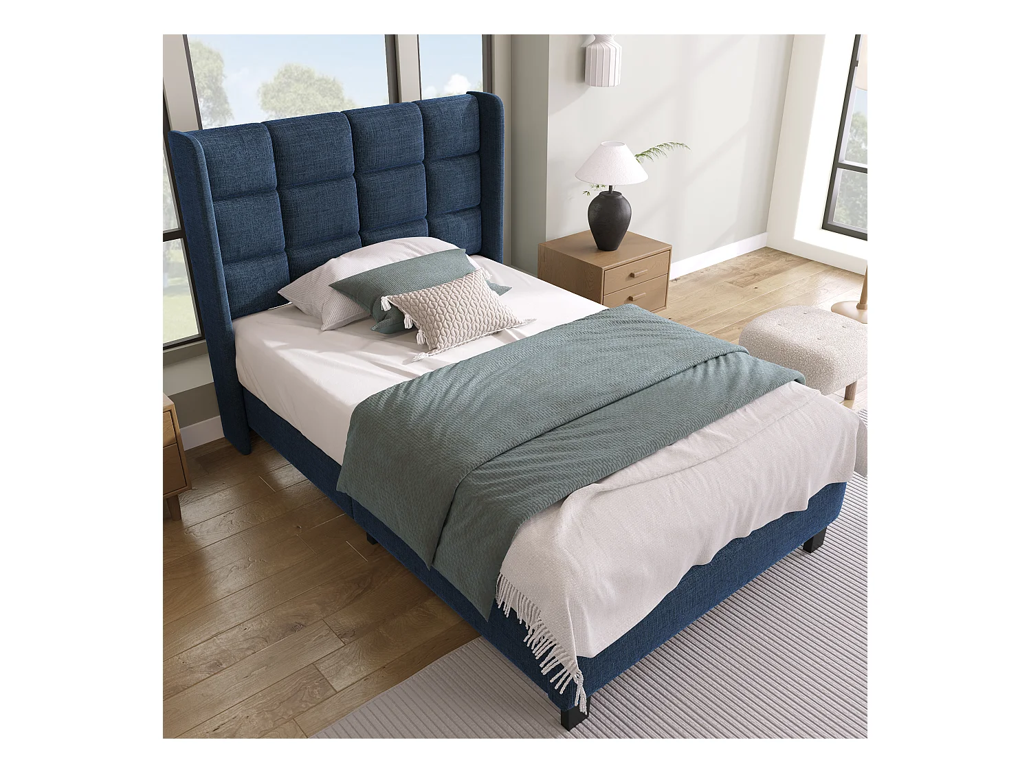 Lit enfant simple 90x200cm avec sommier - tête de lit capitonnée - cadre de lit en bois - lin bleu (sans matelas)