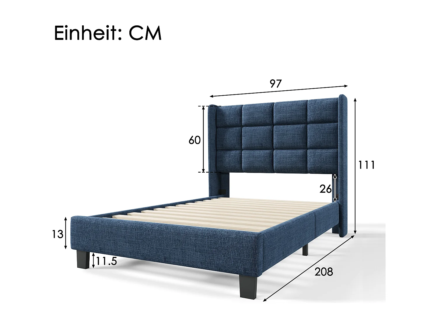 Letto singolo per bambini 90x200cm con rete a doghe - testiera imbottita - struttura in legno - lenzuola blu (senza materasso)