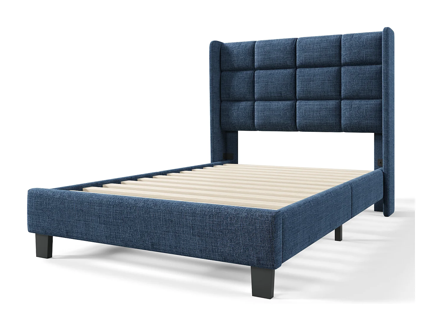 Lit rembourré 90x200 avec sommier à lattes, avec tête de lit rembourrée, en lin bleu (Sans matelas)