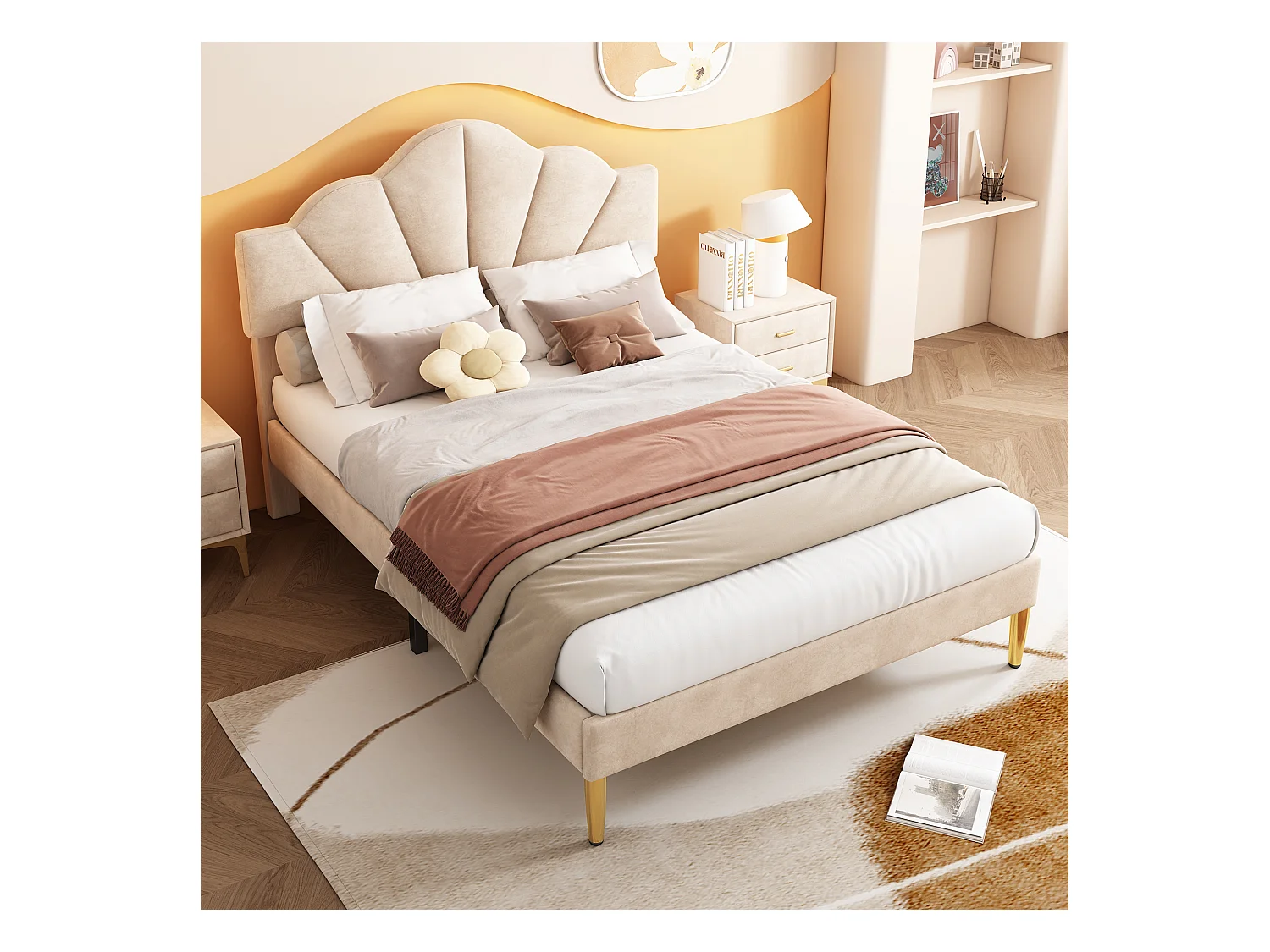 Tweepersoonsbed 140x190 cm met lattenbodem - in hoogte verstelbaar hoofdeinde en metalen poten - hout - beige fluweel (zonder matras)