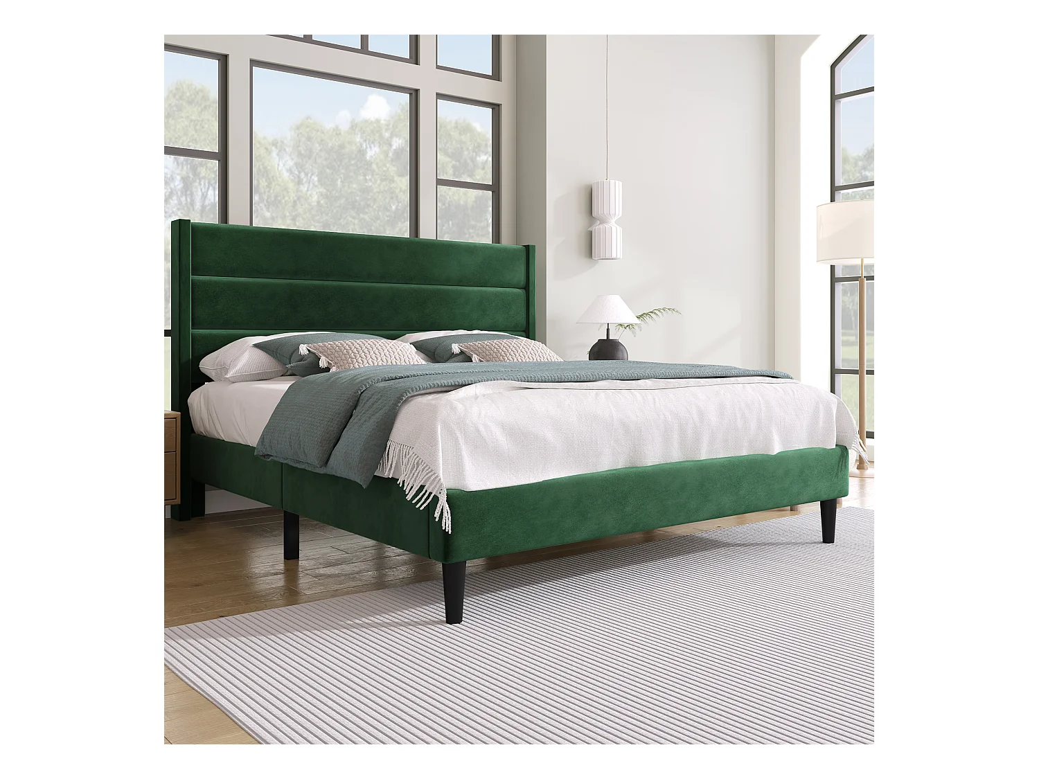 Lit double 140x200cm avec sommier - tête de lit capitonnée - cadre de lit en bois - velours vert (sans matelas)