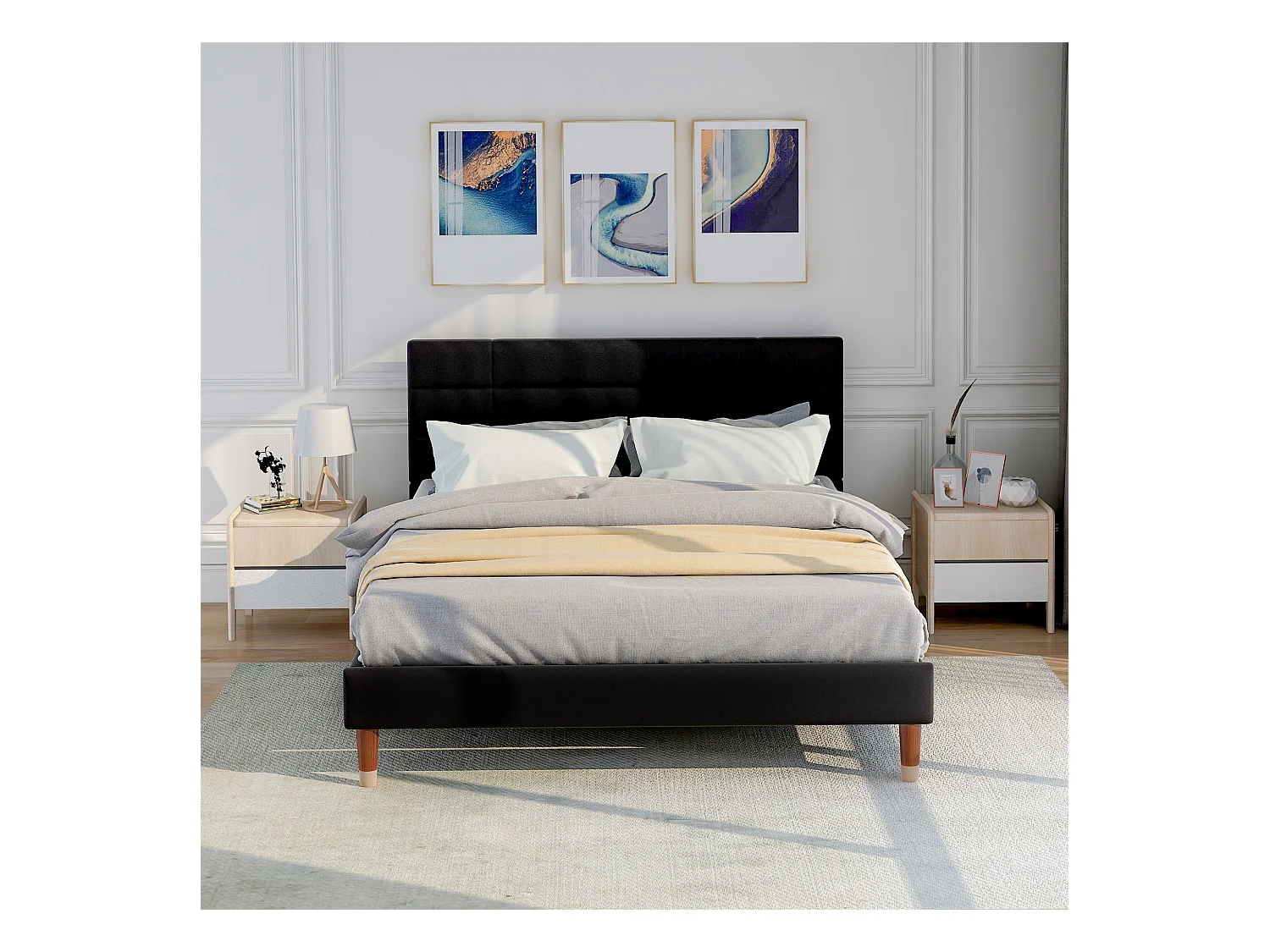 Lit double 140x200cm avec sommier - tête de lit capitonnée - cadre de lit en bois - lin noir (sans matelas)