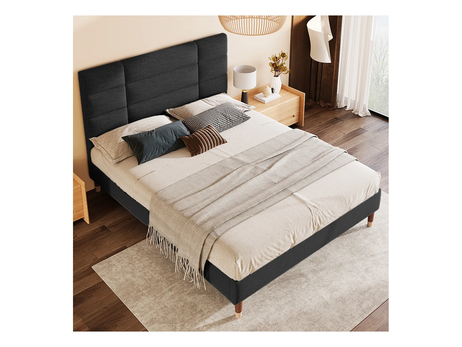 Lit double adulte 140x200cm avec sommier - tête de lit capitonnée - cadre de lit en bois - lin noir (sans matelas)