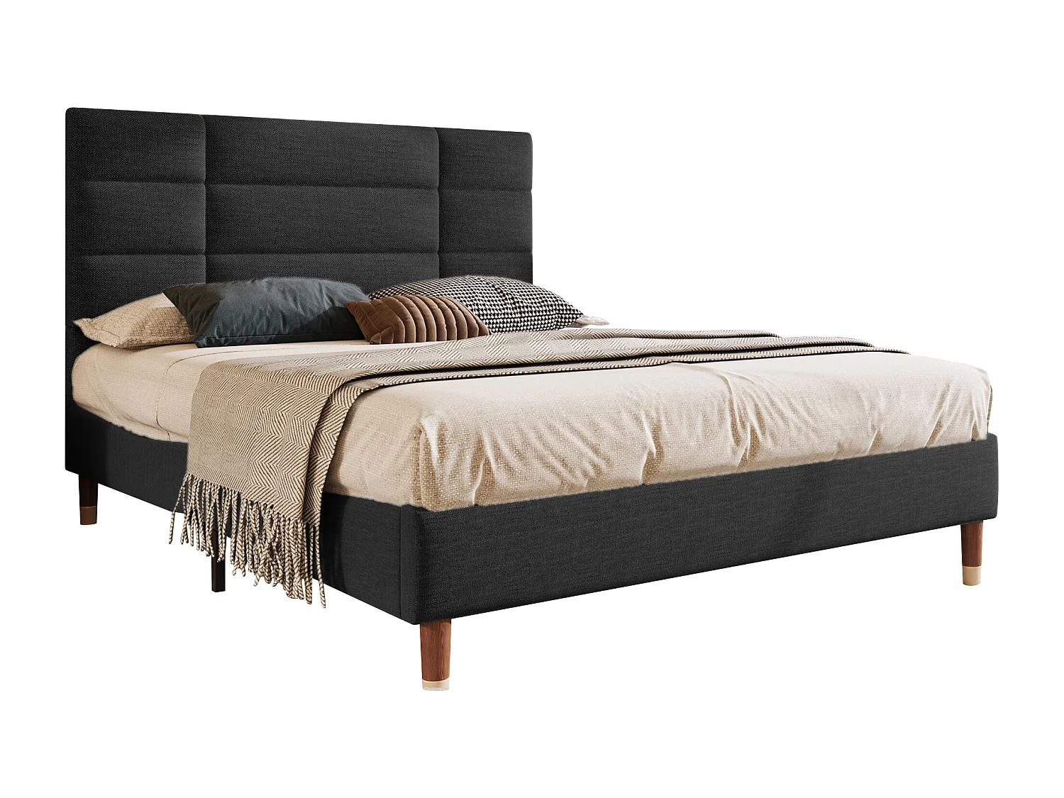 Lit double 140x200cm avec sommier - tête de lit capitonnée - cadre de lit en bois - lin noir (sans matelas)