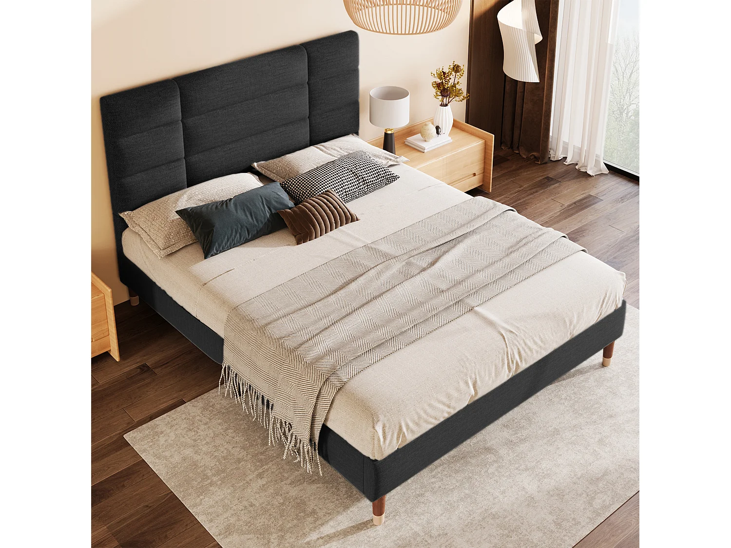 Tweepersoonsbed 140x200 cm met lattenbodem, met hoofdbord 8 cm, met opbergruimte, hout, zwart (zonder matras)