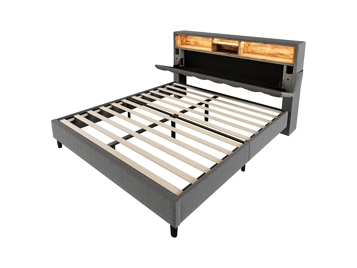 Lit adulte 140x200 cm avec sommier - tête de lit rangement avec LED - bois - gris (sans matelas)
