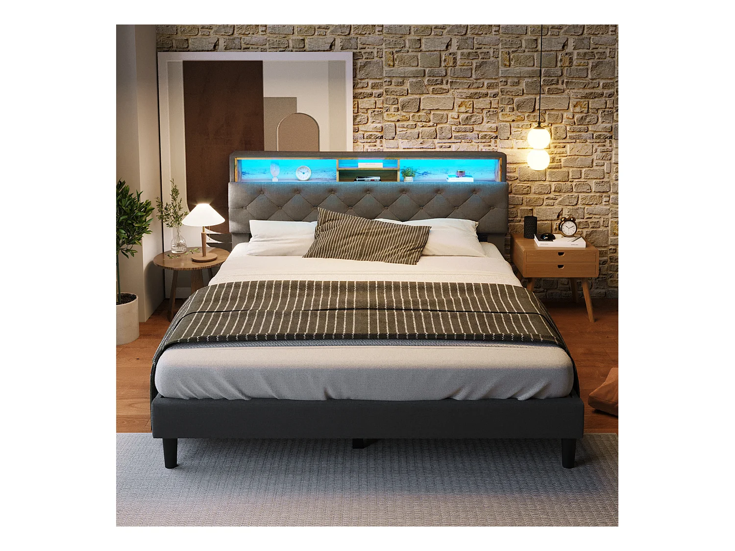Lit adulte 140x200 cm avec sommier - tête de lit rangement avec LED - bois - gris (sans matelas)