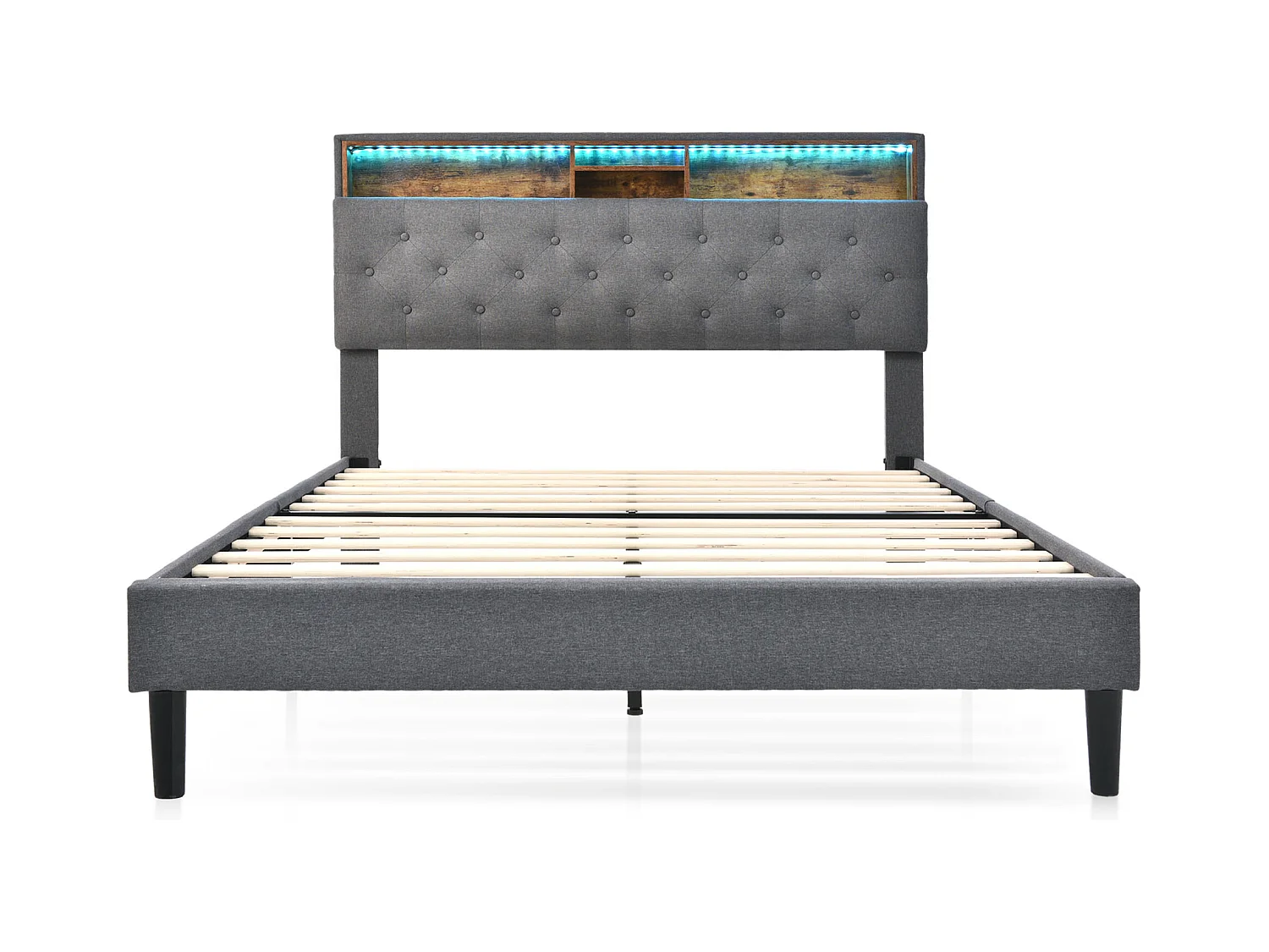 Lit adulte 140x200 cm avec sommier - tête de lit rangement avec LED - bois - gris (sans matelas)