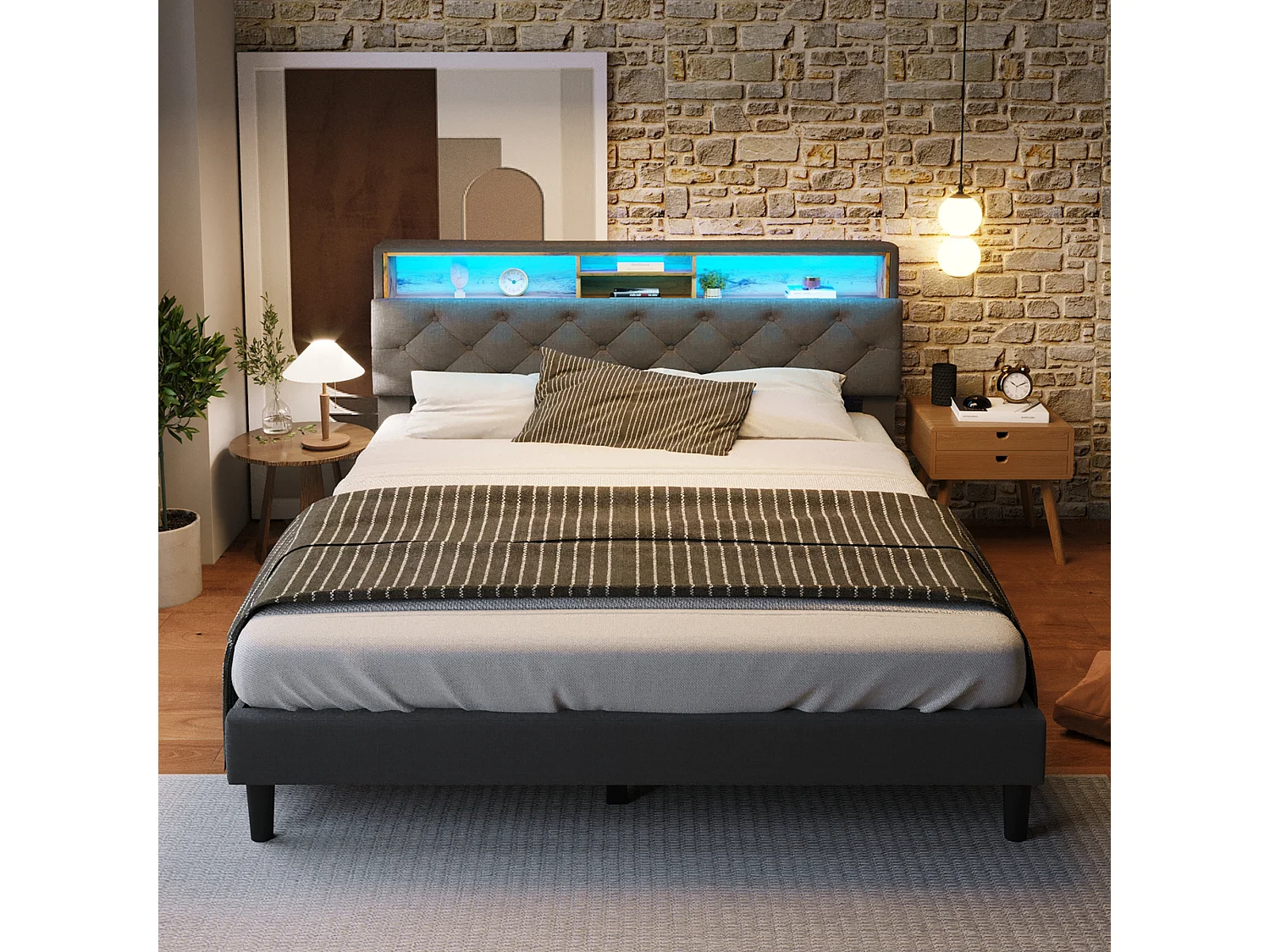 Lit adulte 140x200 cm avec sommier - tête de lit rangement avec LED - bois - gris (sans matelas)
