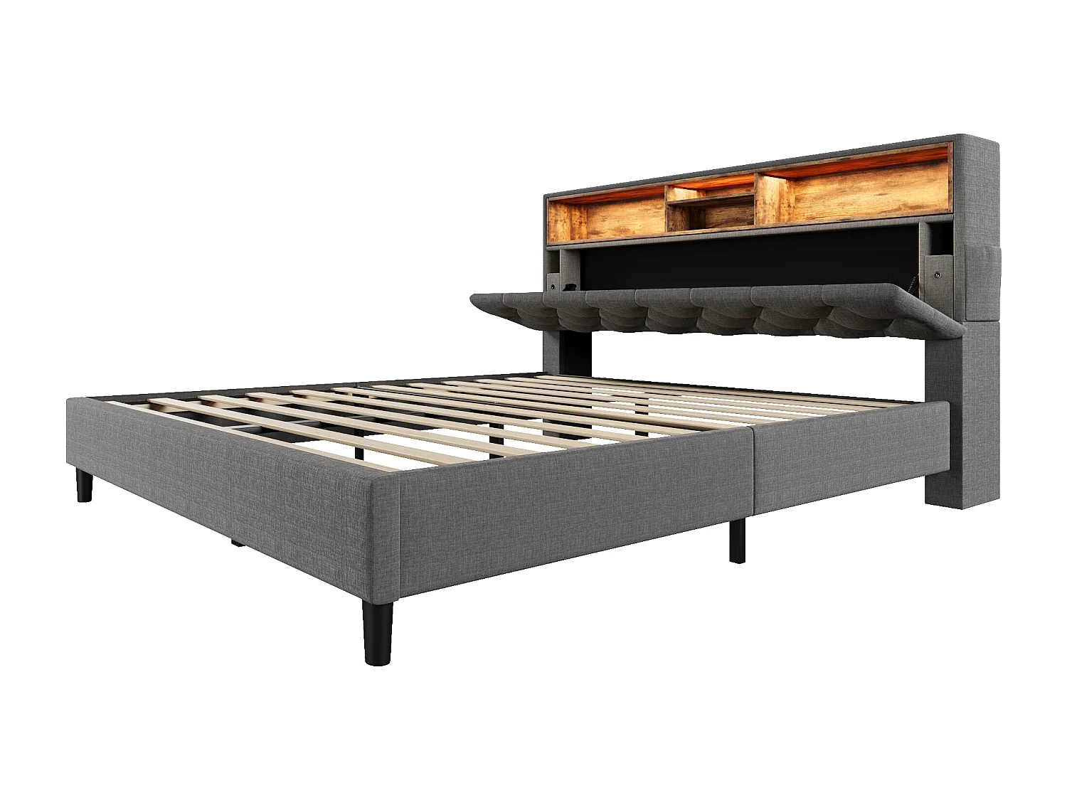 Lit adulte 140x200 cm avec sommier - tête de lit rangement avec LED - bois - gris (sans matelas)
