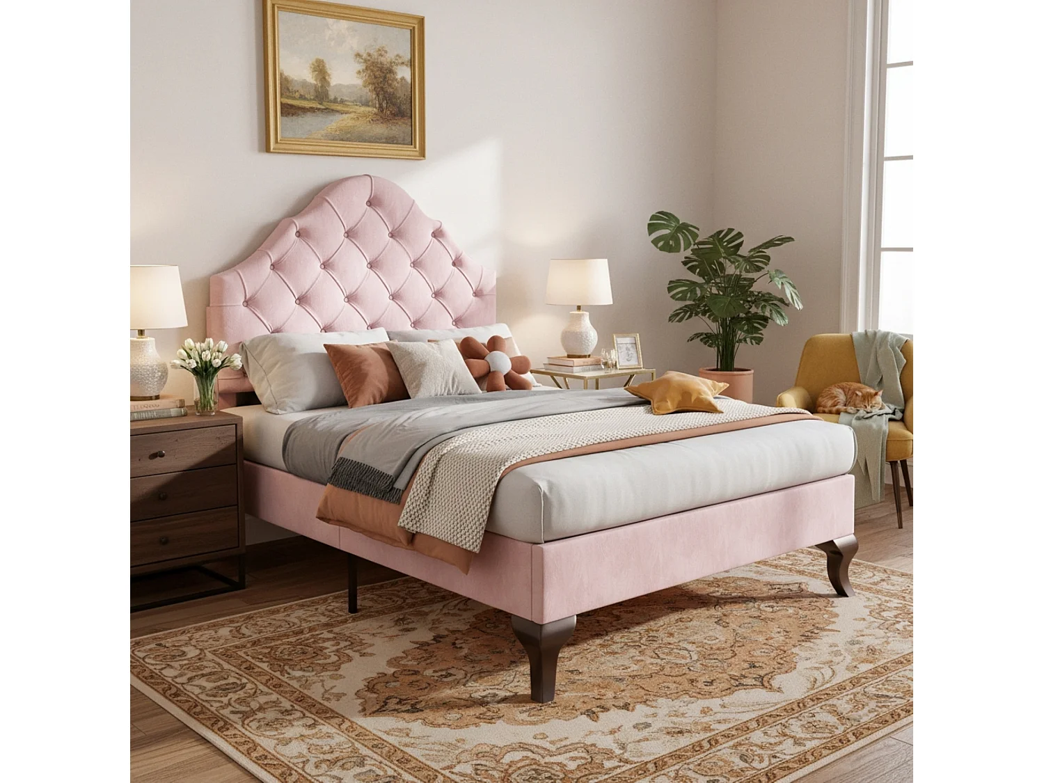 Kinderbed 90x200 cm met lattenbodem, met verstelbaar hoofdbord, met knopen, roze fluweel (zonder matras)