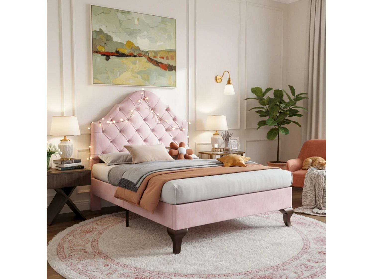 Kinderbed 90x200 cm met lattenbodem, met verstelbaar hoofdbord, met knopen, roze fluweel (zonder matras)