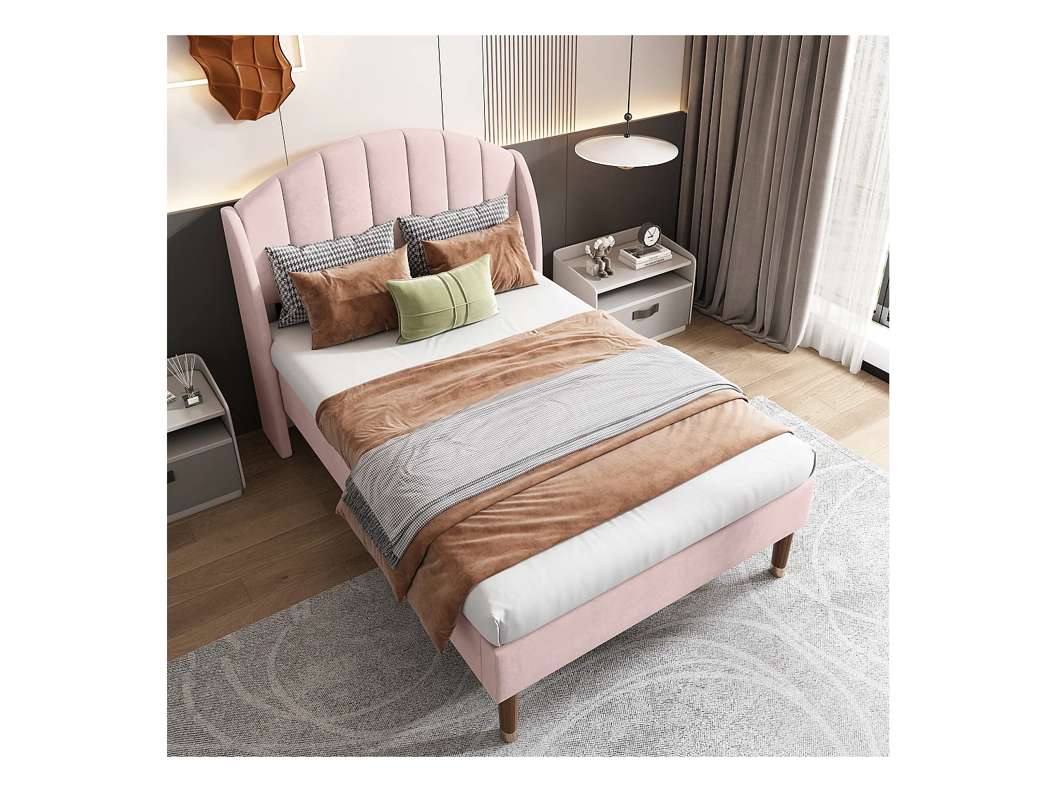 Lit enfant simple 90x200 avec sommier - tête de lit réglable en hauteur - cadre de lit en bois - velours rose (sans matelas)
