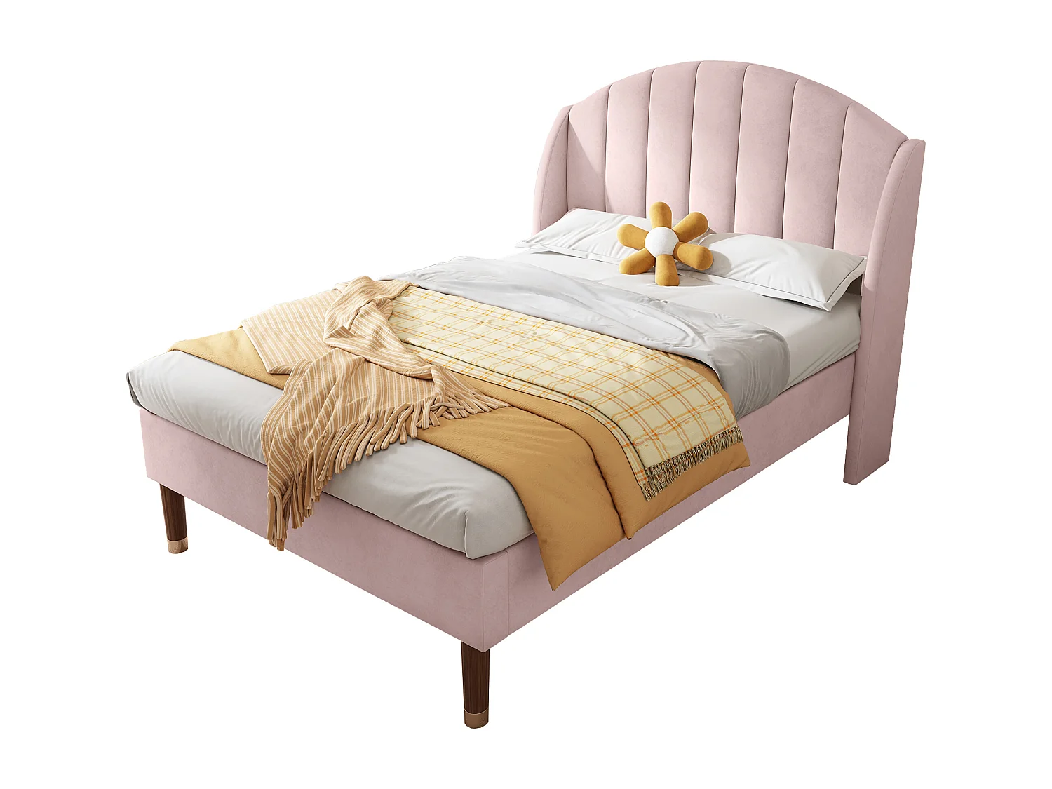 Lit rembourré 90x200 avec sommier à lattes et tête de lit, avec structure stable, en velours, rose (Sans matelas)