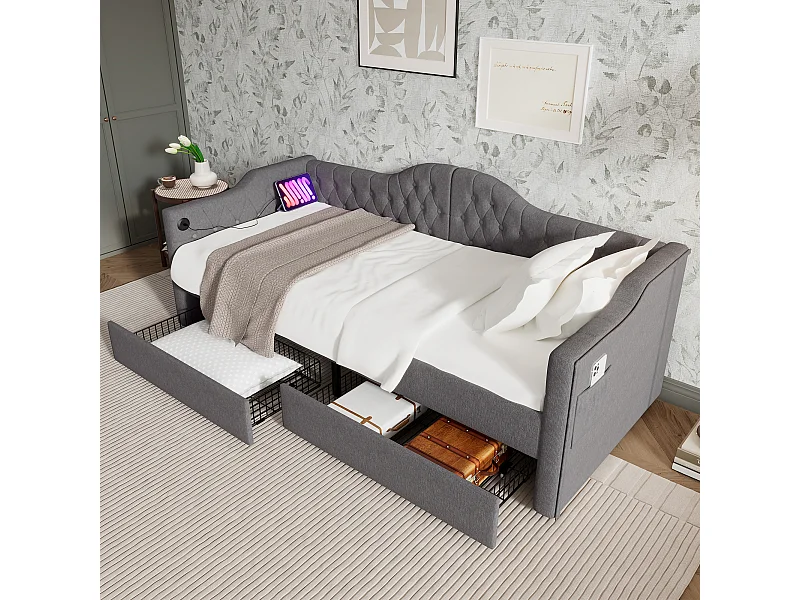 Lit banquette enfant 90x190 cm avec sommier - lit jeune avec USB et 2 tiroirs de rangement - lin gris (sans matelas)