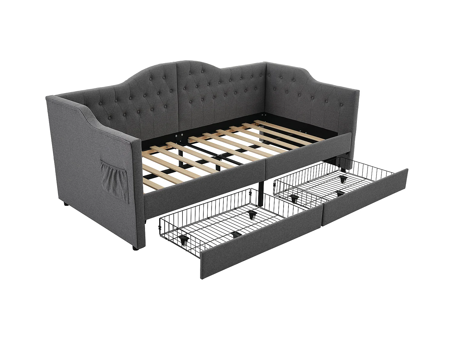 Canapé-lit 90x190 cm avec sommier - lit jeune avec USB et 2 tiroirs de rangement - lin gris (sans matelas)