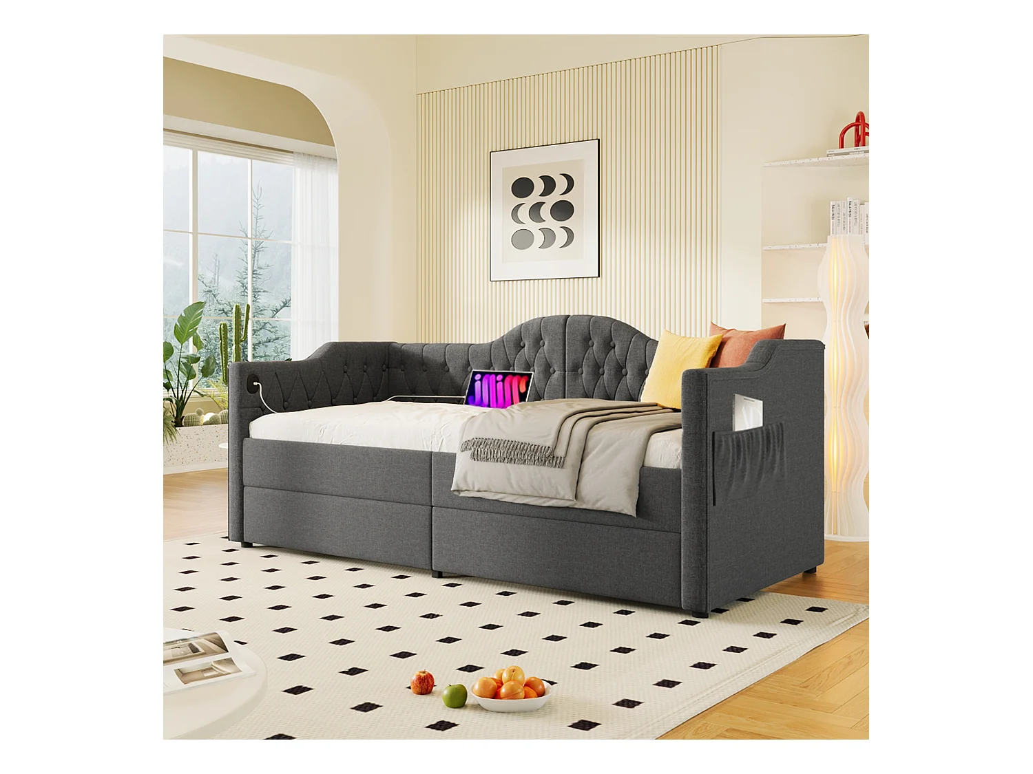 Canapé-lit 90x190 cm avec sommier - lit jeune avec USB et 2 tiroirs de rangement - lin gris (sans matelas)