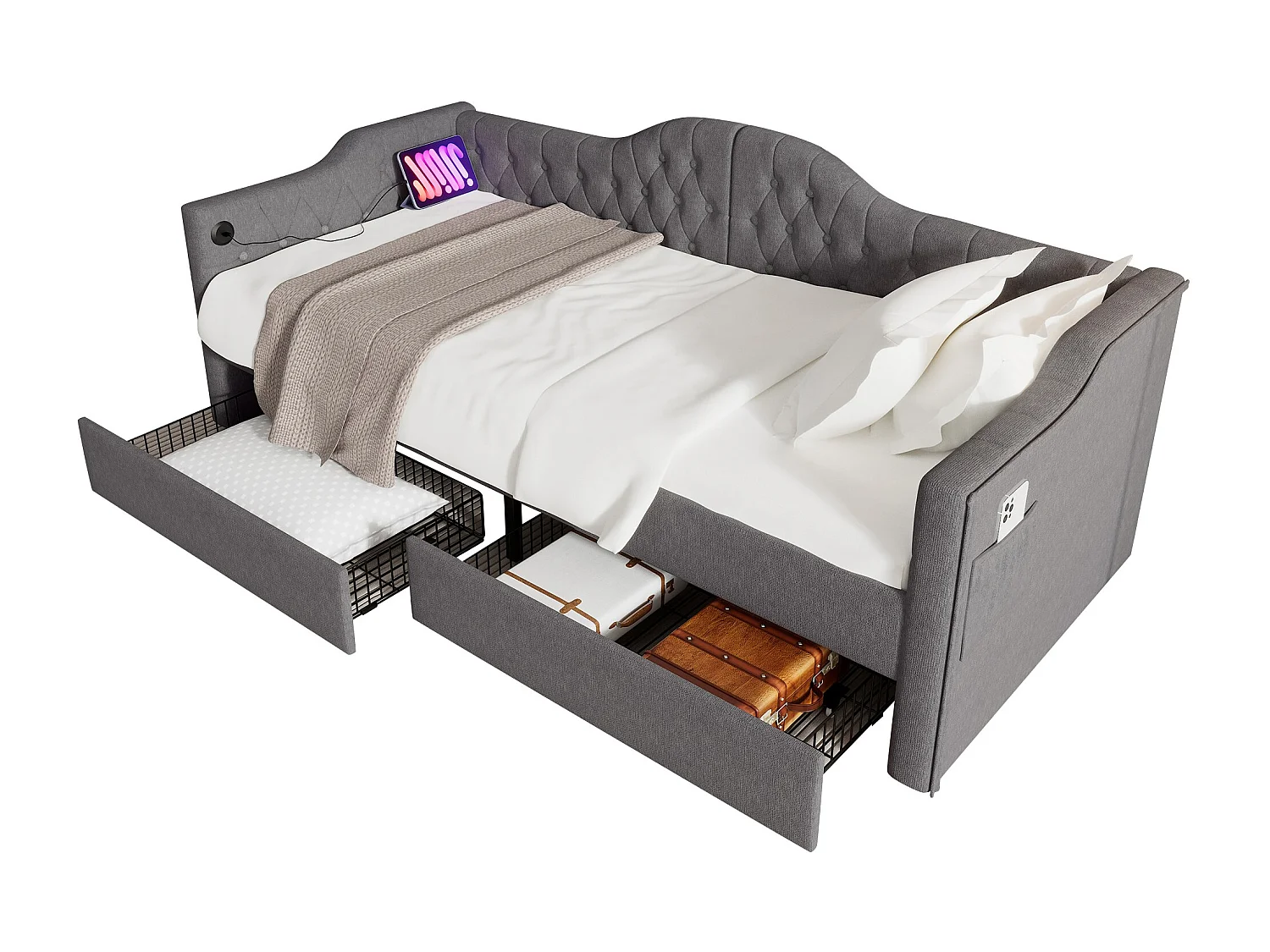 Lit de jour 90x190 avec 2 tiroirs, avec ports USB et Type C, en lin gris (Sans matelas)