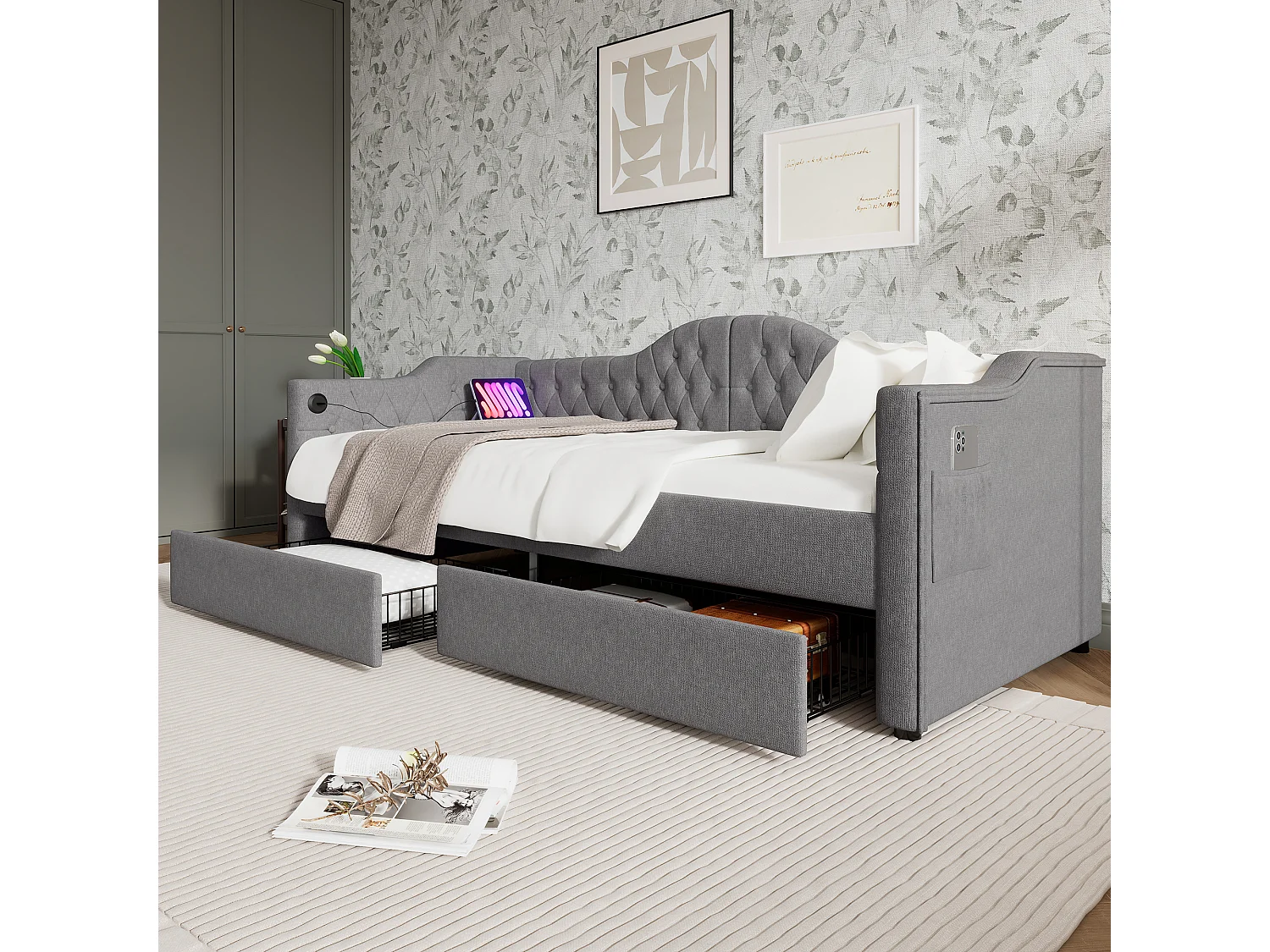 Lit de jour 90x190 avec 2 tiroirs, avec ports USB et Type C, en lin gris (Sans matelas)