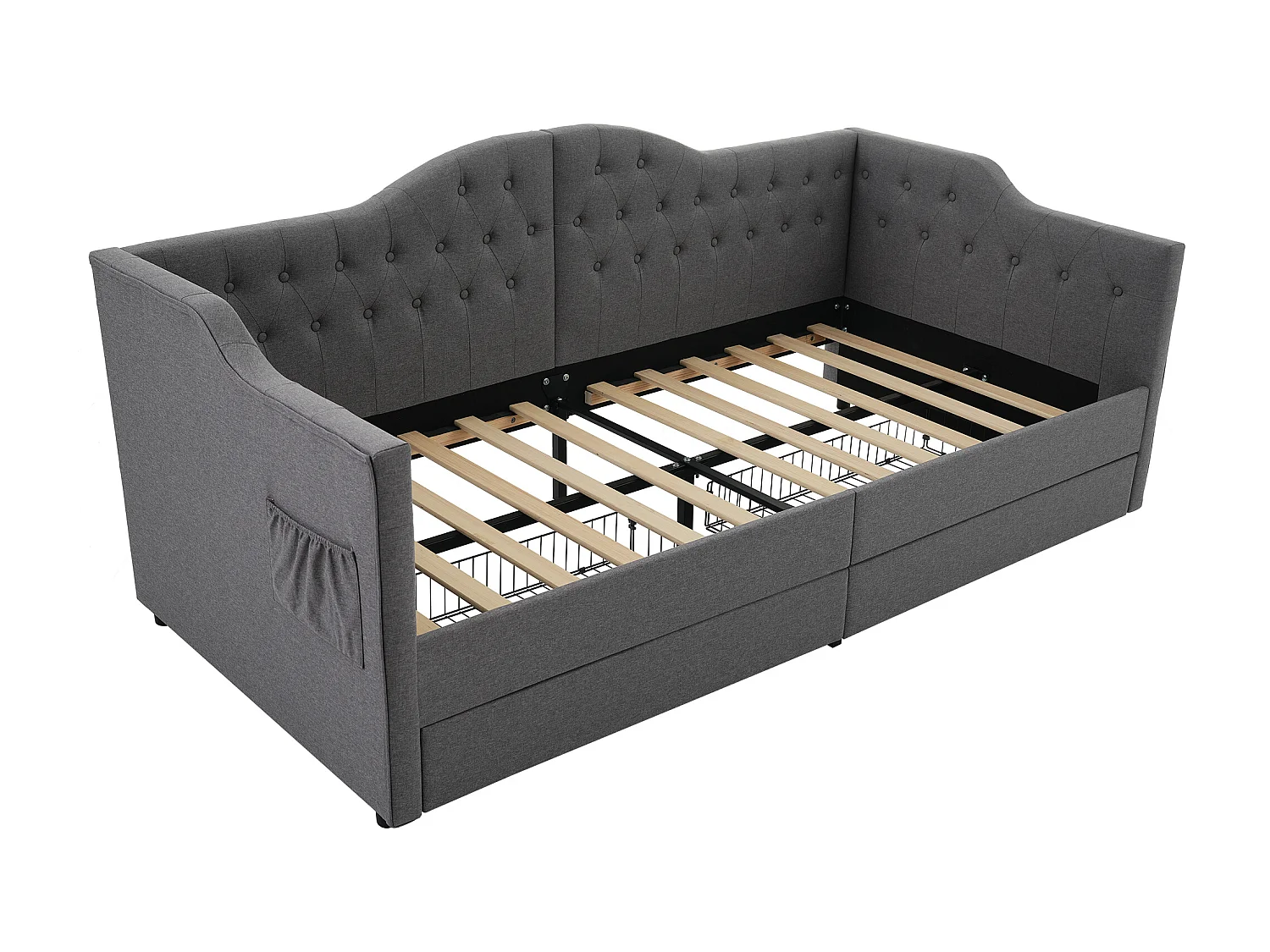 Lit de jour 90x190 avec 2 tiroirs, avec ports USB et Type C, en lin gris (Sans matelas)