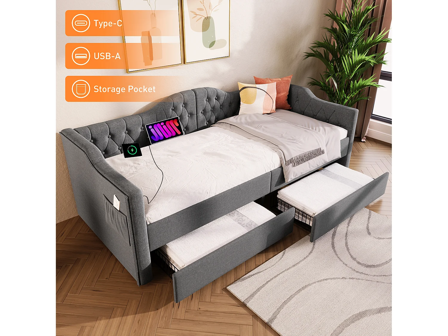 Lit de jour 90x190 avec 2 tiroirs, avec ports USB et Type C, en lin gris (Sans matelas)
